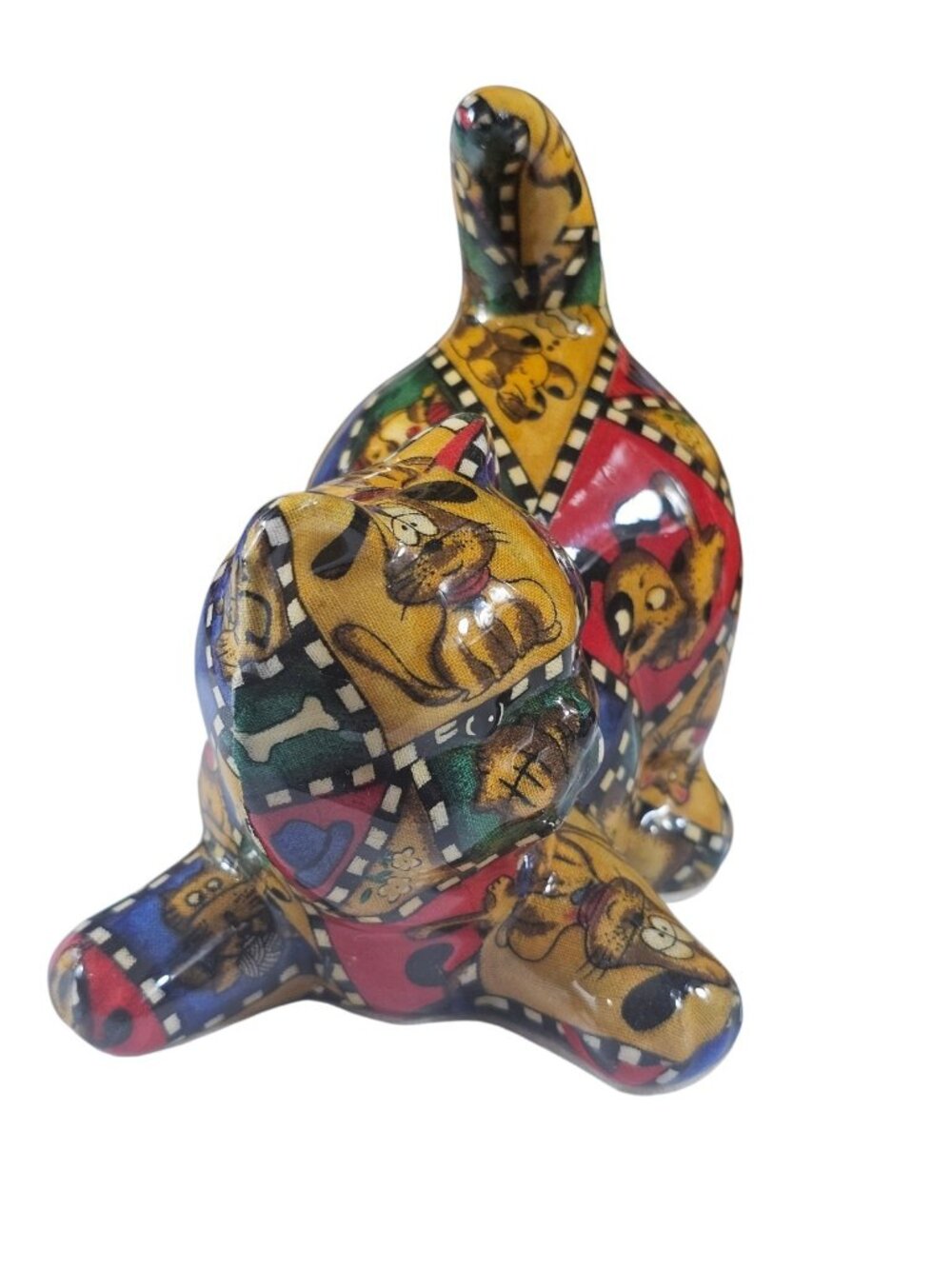 Vintage Handmade Fabric Cat Figure Folk Art Stuffed Cat Patchwork Dog Print Deco - Picture 2 of 8